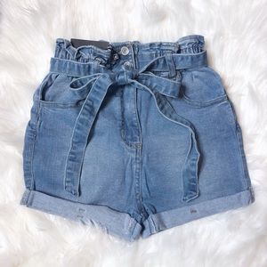 Paperbag Waist Turn Up Denim Shorts.